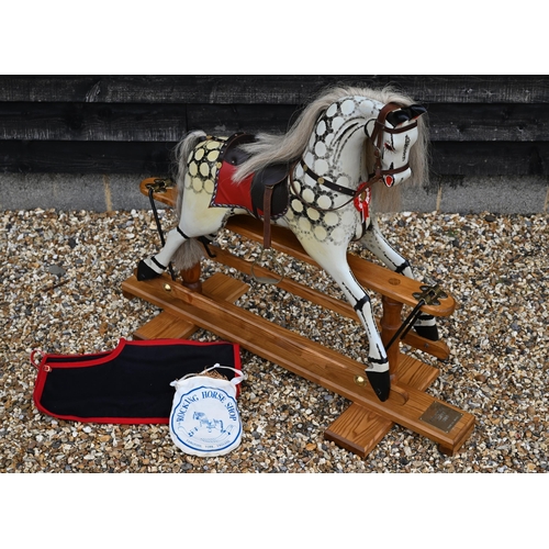 A painted dapple traditional rocking horse on hardwood frame with brass plaque 'Grandpa's Horse' 1998, maker DC Walker, 130 cm wide x 105 cm high
