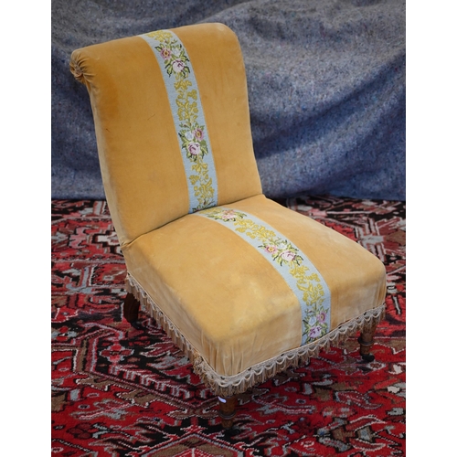 283 - A Victorian walnut framed nursing chair in mustard velour and tapestry upholstery