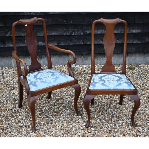 286 - A set of eight Queen Anne style walnut dining chairs, with blue damask pad seats, comprising six sta... 