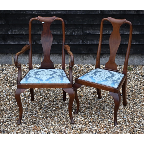 286 - A set of eight Queen Anne style walnut dining chairs, with blue damask pad seats, comprising six sta... 