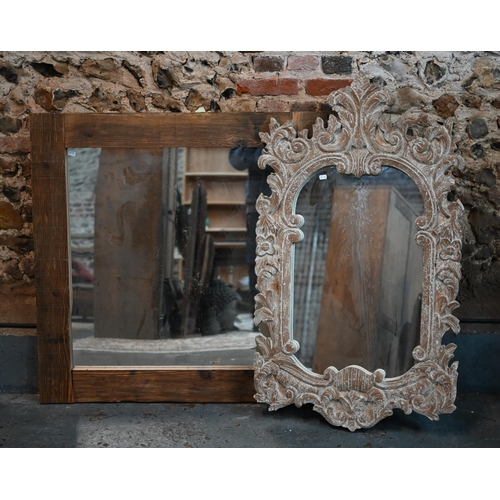 294 - A large square mirror in rustic stained wood frame, 100 x 100 cm to/w an 18th century style mirror, ... 