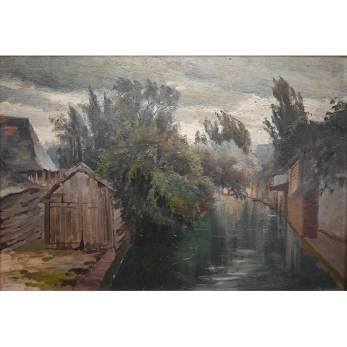 303 - A Continental school oil on board landscape of a boat house beside a canal, 21.5 x 31 cm