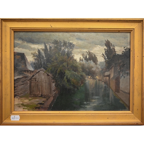 303 - A Continental school oil on board landscape of a boat house beside a canal, 21.5 x 31 cm