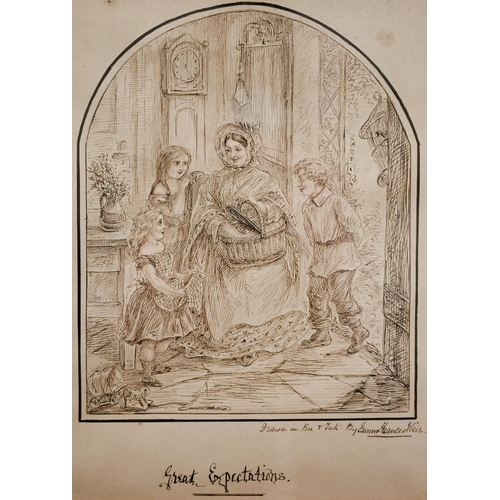 304 - Emma Frances Weir - 'Great Expectations', pen and ink, signed, 18.5 x 15 cm; engraving 'Mrs Hinchcli... 