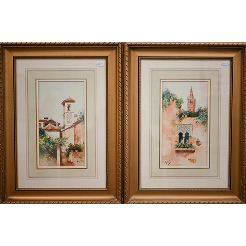 318 - #C Fandela - Two watercolour views of Seville, signed, 28 x 15 cm (2)