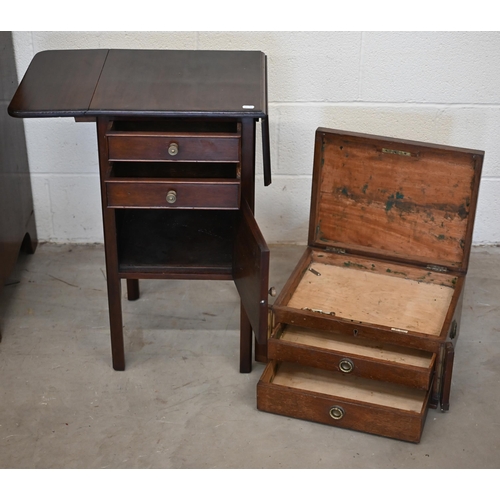 32 - A drop leaf two drawer over cupboard night stand to/with a walker & Hall empty canteen case, no ... 