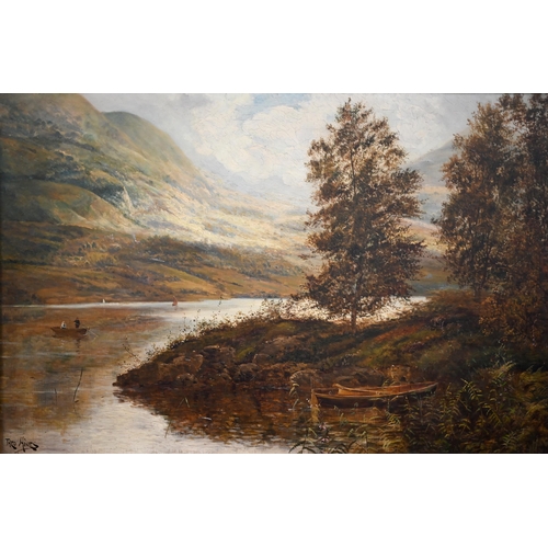 320 - Theo Hines - An extensive lake and mountain landscape with boats, oil on canvas, signed lower left, ... 