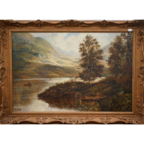 320 - Theo Hines - An extensive lake and mountain landscape with boats, oil on canvas, signed lower left, ... 