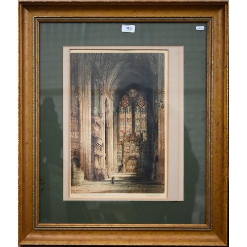 321 - After J Alphonse-Brewer - Two colour etchings of Durham and Liverpool Cathedrals (one a/f) (2)