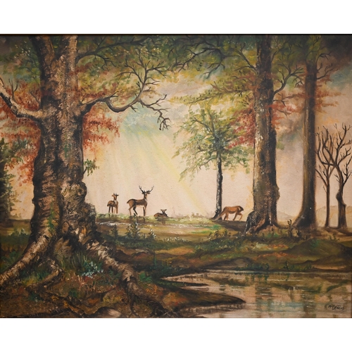 323 - Michael Charles - Deer in a woodland glade, oil on canvas, signed lower right, 60 x 75 cm; W E Schmi... 