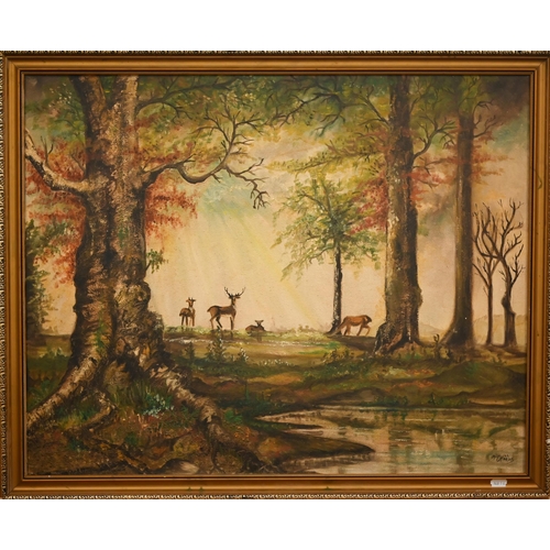 323 - Michael Charles - Deer in a woodland glade, oil on canvas, signed lower right, 60 x 75 cm; W E Schmi... 