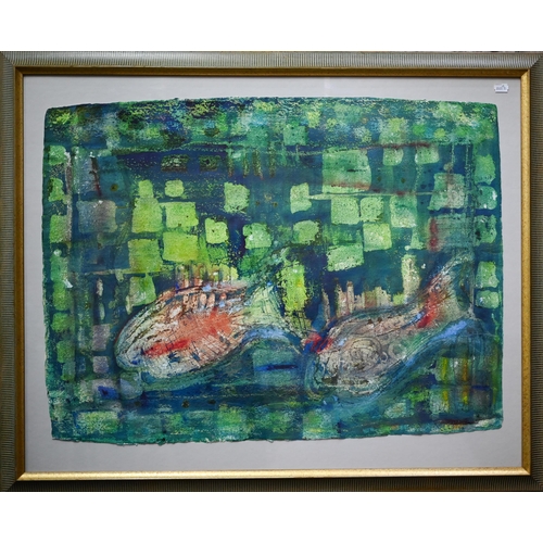 333 - Sandra Frech (Costa Rica) - fish in a watery landscape, watercolour on paper, 58 x 79 cm