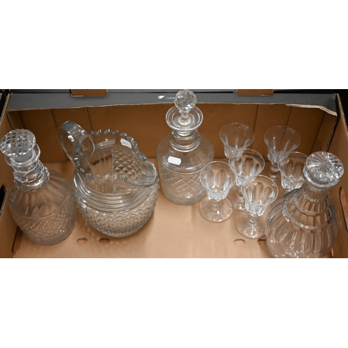 356 - A 19th century cut glass water jug to/w three decanters and an antique set of six port glasses