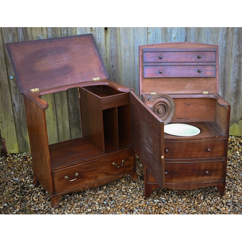 36 - A Victorian mahogany bow-fronted commode, the hinged top with double dummy drawer front enclosing th... 