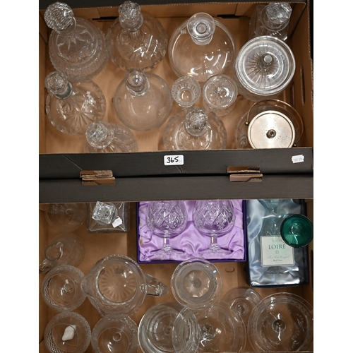 365 - Two boxes of good quality cut and other glassware including decanters, brandy balloons, comports etc... 