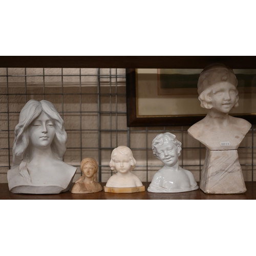 387 - A carved alabaster bust of a child on plinth, to/w a smaller example and a bust of a woman, two cera... 