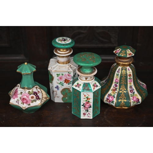 388 - Four 19th century French floral-painted porcelain scent bottles and stoppers with green and gilt dec... 