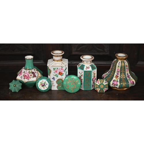 388 - Four 19th century French floral-painted porcelain scent bottles and stoppers with green and gilt dec... 