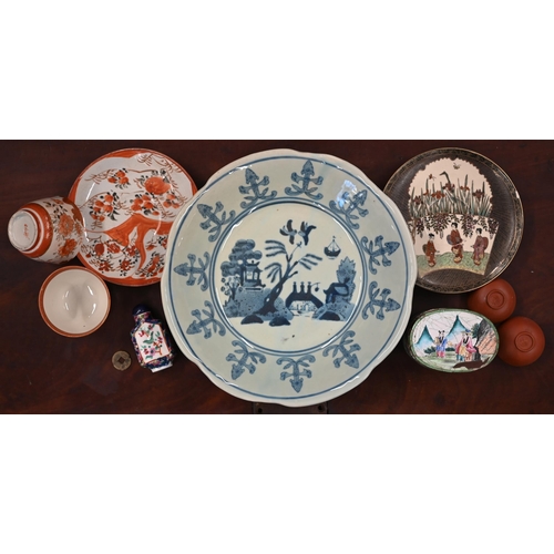 404 - A selection of 19th century and later Asian ceramics and collectables, to/w a foliate-carved wooden ... 