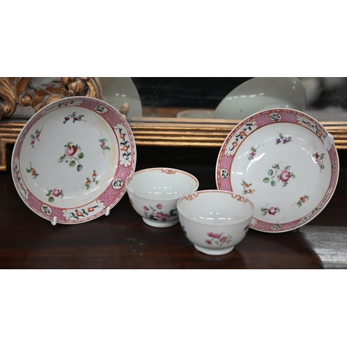 406 - A pair of 19th century Chinese famille-rose saucers and a pair of (non-matching) floral-painted tea ... 