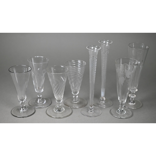 419 - #A pair of 19th century slender glass flute glasses with foliate etched decoration and ground-out po... 