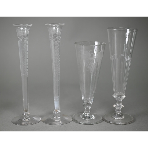 419 - #A pair of 19th century slender glass flute glasses with foliate etched decoration and ground-out po... 