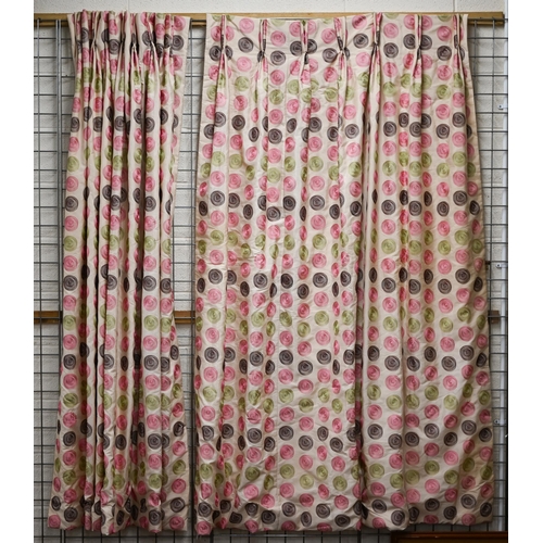 420 - A pair of satin interlined curtains, embroidered with spiral coloured dots, 210 cm high x 106 cm wid... 