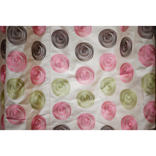 420 - A pair of satin interlined curtains, embroidered with spiral coloured dots, 210 cm high x 106 cm wid... 