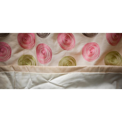 420 - A pair of satin interlined curtains, embroidered with spiral coloured dots, 210 cm high x 106 cm wid... 