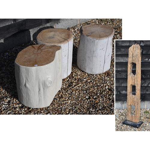 448 - Three painted tree trunk section garden stools to/w a driftwood vessel-section standard lamp (4)