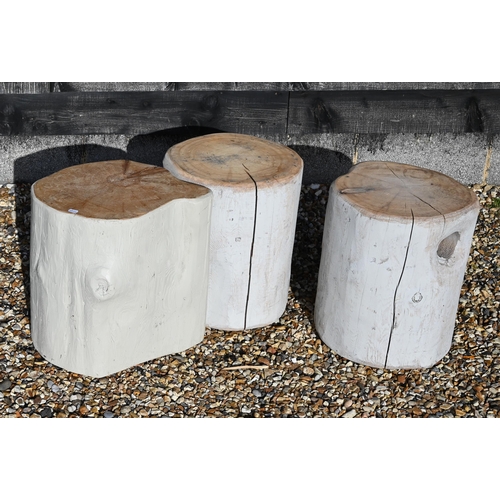 448 - Three painted tree trunk section garden stools to/w a driftwood vessel-section standard lamp (4)