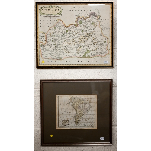 456 - A Robert Morden County map engraving of Surrey, 42 x 35 cm to/w an 1806 map of South America (2)