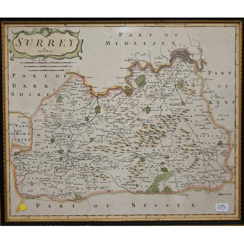 456 - A Robert Morden County map engraving of Surrey, 42 x 35 cm to/w an 1806 map of South America (2)