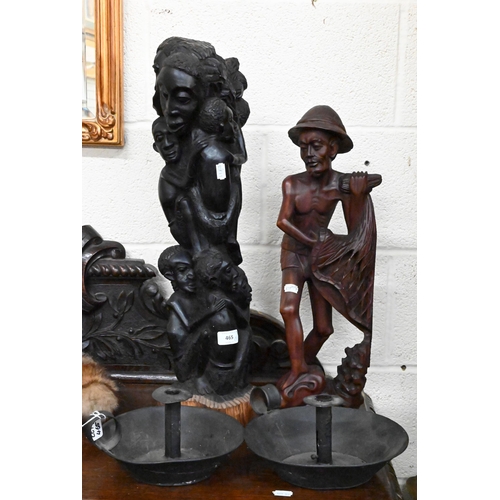 465 - #An African ebony figural carving 62 cm to/w a Southern African figure of a fisherman and two rustic... 