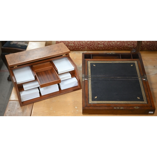 468 - A burr walnut veneered stationery box and contents 39 cm wide, to/w a Victorian brass-mounted walnut... 