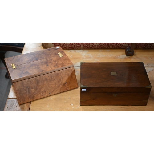 468 - A burr walnut veneered stationery box and contents 39 cm wide, to/w a Victorian brass-mounted walnut... 