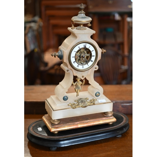 471 - A 19th century French alabaster mantel clock by  Fougot of Paris, 39 cm high, on plinth