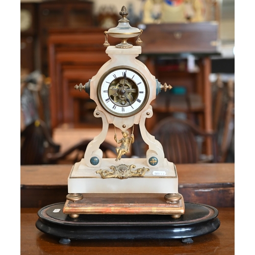 471 - A 19th century French alabaster mantel clock by  Fougot of Paris, 39 cm high, on plinth