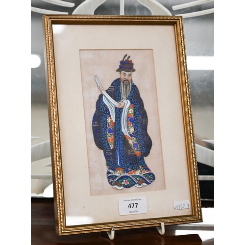 477 - A Chinese painting on mulberry-pulp paper, dignitary, 19 x 10 cm, mounted framed and glazed