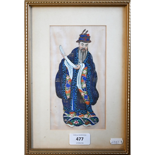 477 - A Chinese painting on mulberry-pulp paper, dignitary, 19 x 10 cm, mounted framed and glazed