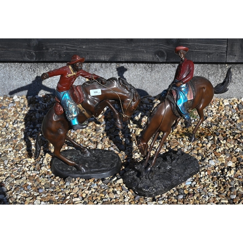 506 - Two bronzed equestrian groups in the manner of Remington - Cowboys 'bronco busting', 50 x 47 cm high... 