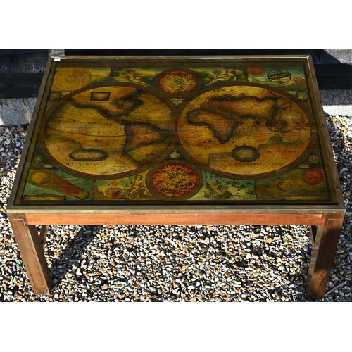 53 - A large antique style brass inlaid and mounted hardwood map coffee table, the world atlas top under ... 