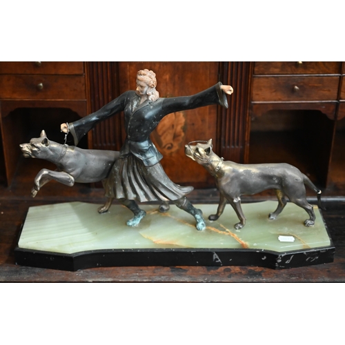 535 - A bronzed group of two hounds meeting, to/w an Art Deco style woman with dogs on marble base and an ... 