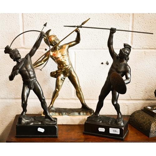 536 - A bronzed figure 'Achilles' 43 cm high to/w two figures of Spartan warriors (3)