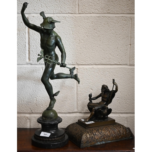 537 - A verdigris-patinated figure of Mercury 55 cm high to/w a seated figure of Zeus (2)