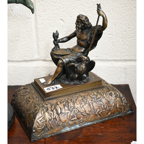 537 - A verdigris-patinated figure of Mercury 55 cm high to/w a seated figure of Zeus (2)