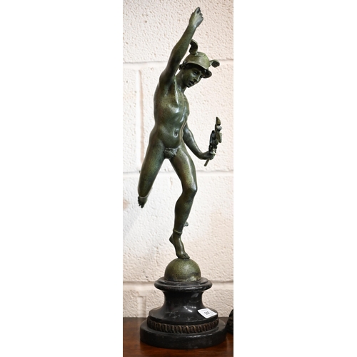 537 - A verdigris-patinated figure of Mercury 55 cm high to/w a seated figure of Zeus (2)