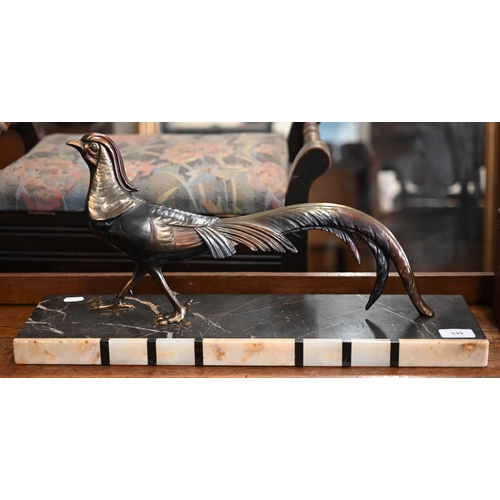 539 - An Art Deco bronzed pheasant, on marble and onyx base, 25 x 54 cm overall