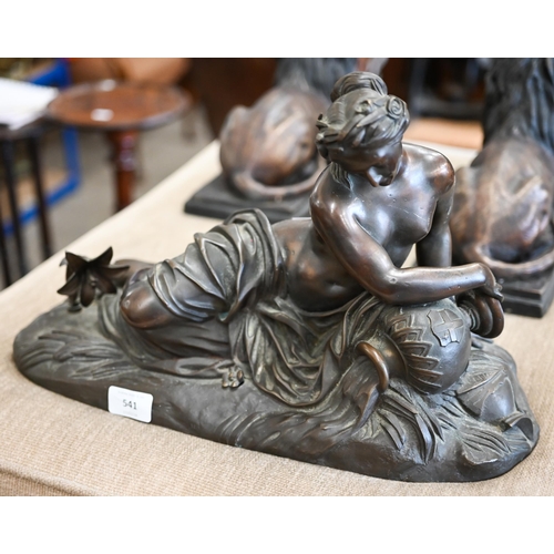 541 - A 19th century brown-patinated bronze, semi-clad classical female, reclining by a stream, unsigned, ... 