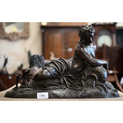 541 - A 19th century brown-patinated bronze, semi-clad classical female, reclining by a stream, unsigned, ... 